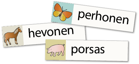 Suomen eläimiä -sananselityspelin esimerkit: perhonen, hevonen, porsas.
