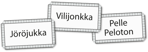 Minussa asuu -kortit: Jöröjukka, Vilijonkka, Pelle Peloton.