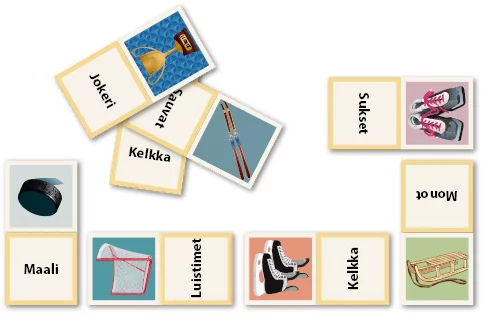 Talvilaji-domino, jossa urheiluvälineen kuva yhdistetään sanaan.