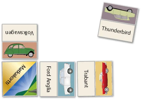 Autodomino, jossa yhdistetään autojen kuvia ja autojen nimiä..