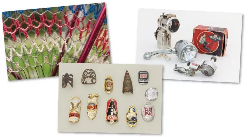 Puhetta pyöräilystä -kuvia: hameverkko, pyörän lamppuja ja pyörän etumerkkejä.