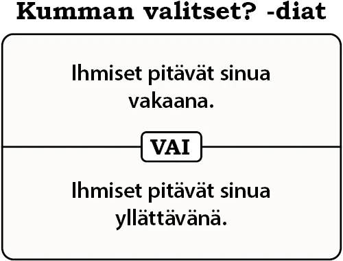 Kumman valitset? -diat. Ihmiset pitävät sinua vakaana. / Ihmiset pitävät sinua yllättävänä.