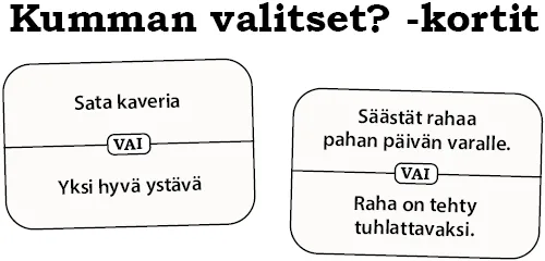 Kumman valitset? -kortit. Sata kaveria / Yksi hyvä ystävä.