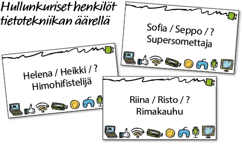 Hullunkuriset henkilöt tietotekniikan äärellä: Riina Rimakauhu, Seppo Supersomettaja / Heikki Himohifistelijä.