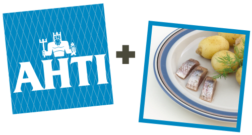 Klassikkotuoterkortit - Ahti-silli logokotti + silliä ja uutta perunaa lautasella.