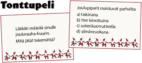 Tonttupelin kysymys- ja tehtäväkortit.