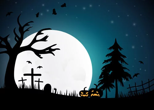 Halloweenyö, kurpitsalyhtyjä, hautausmaa ja täysikuu