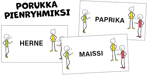3 Porukka pienryhmäksi -korttia: herne, maissi, paprika.