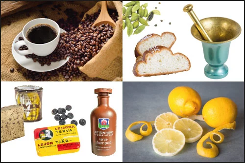 Neljä pidettyä tuoksua: kahvi, kardemumma, terva ja sitruuna.