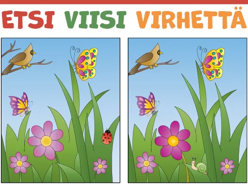 Etsi 5 virhettä. Kaksi kuvaa, joissa on ruohikkoa, kukkia ja eläimiä.