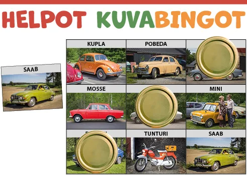 Helpot kuvabingot: menopelibingo yhdeksällä vanhalla autonkuvalla.