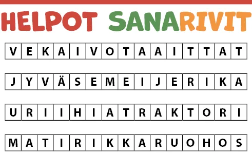 Helpot sanarivit. Kirjaimia, joiden keskellä on sanoja löydettävissä.