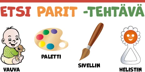 Etsi parit -tehtävä: vauva, sivellin, paletti, helistin.