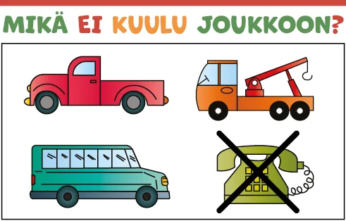 Mikä ei kuulu joukkoon? kuorma-auto, bussi, nosturiauto, puhelin.
