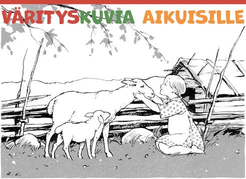 Värityskuvia aikuisille. Tyttö istuu ruohikolla ja on hyväilee lammasta leuan alta.