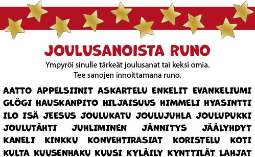 Joulusanoista runo -tehtävän ohje ja lista joulusanoja.