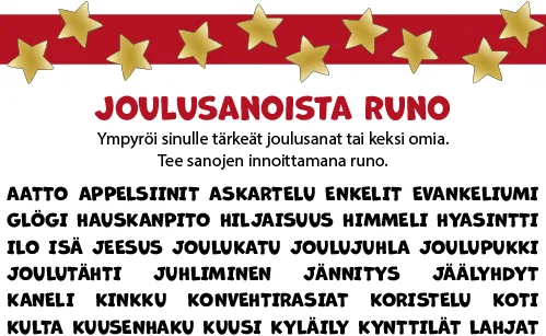 Joulusanoista runo -tehtävän ohje ja lista joulusanoja.