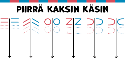 Piirrä kaksin käsin. Kuvioita, joita toistetaan molemmilla käsillä.