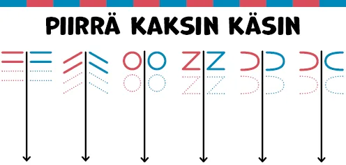 Piirrä kaksin käsin. Kuvioita, joita toistetaan molemmilla käsillä.