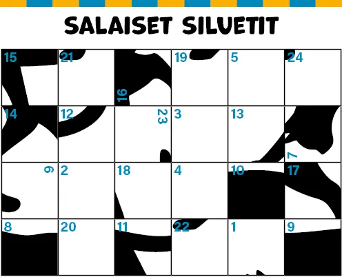Salaiset siluetit. Pilkottu varjokuva 24 eri ruudussa.