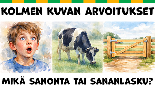 Kolmen kuvan arvoitukset: Mikäs sanonta tai sananlasku? Poika katsoo suu auki, lehmä syö ruohoa, puinen portti on kiinni.